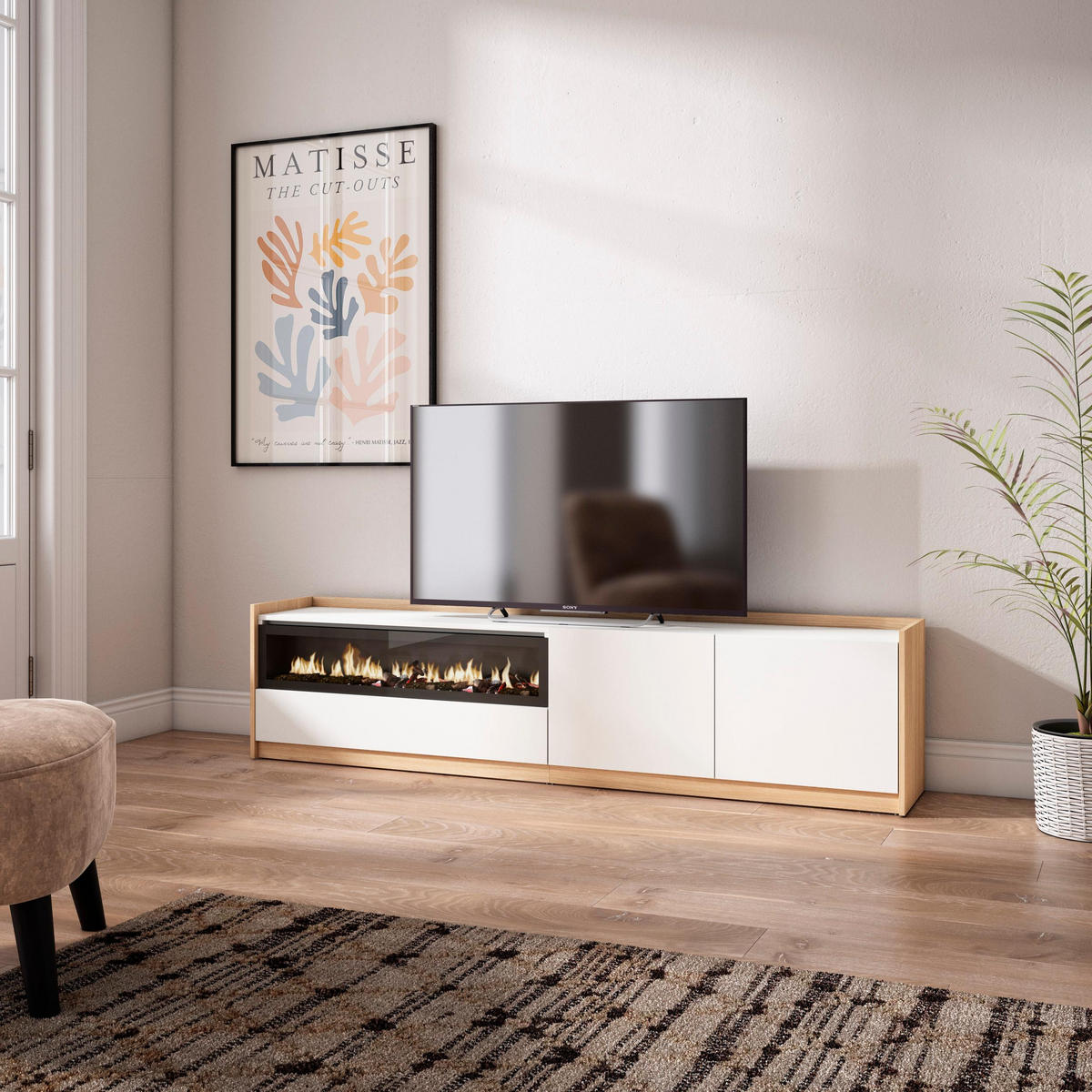 TV-SCHRANK, Lowboard, Weiß und Eiche Soft, Elektrokamin, 207/37/50cm - Weiß, Holzwerkstoff (207/50/37cm) - Skraut Home