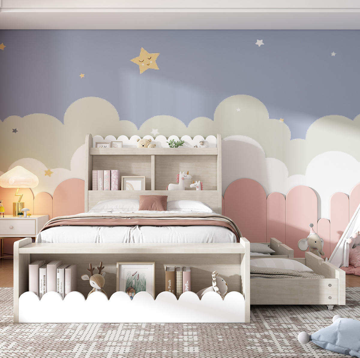 KINDERBETT 90/200 cm mit Schubladen, Regal, Sitzbank und Lattenrost - Weiß, Holzwerkstoff (90/200cm) - BEAOK