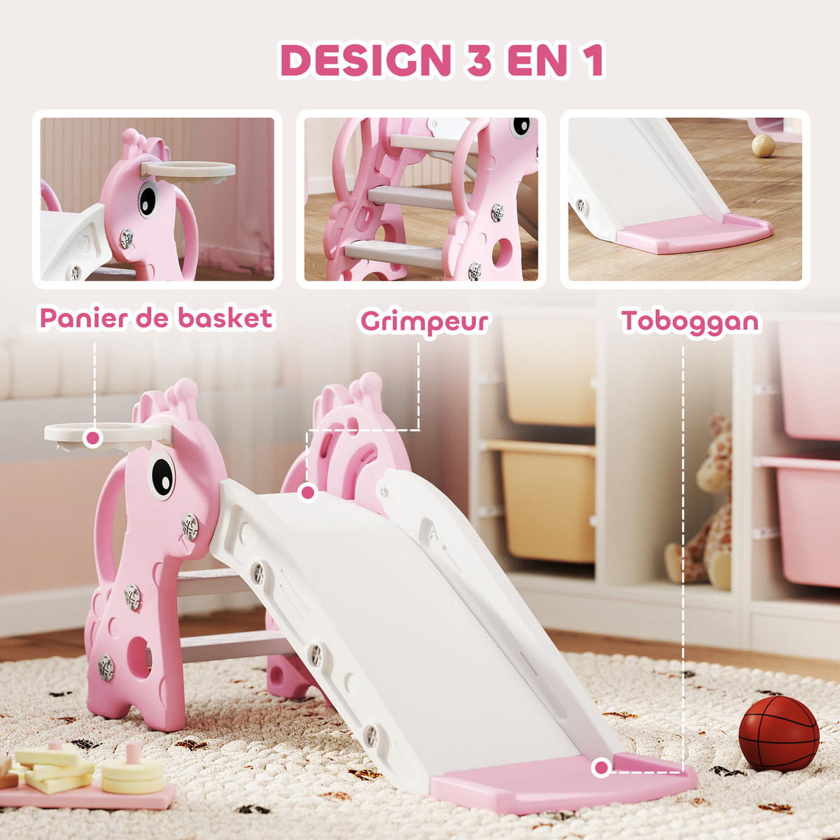 KINDERRUTSCHE DE-17980 3-in-1 mit Korb, Kletternetz & Ball Rosa - Pink, Kunststoff (51.5/52/106cm) - ComfortXL