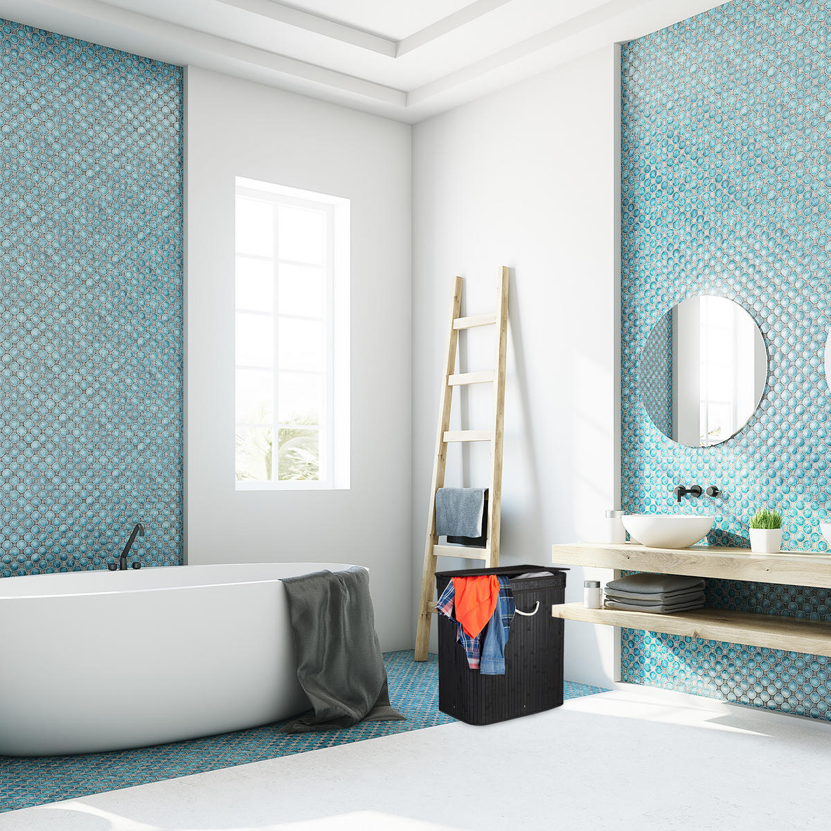WÄSCHEKORB - Schwarz, Holz/Textil (55/63/35cm) - Relaxdays
