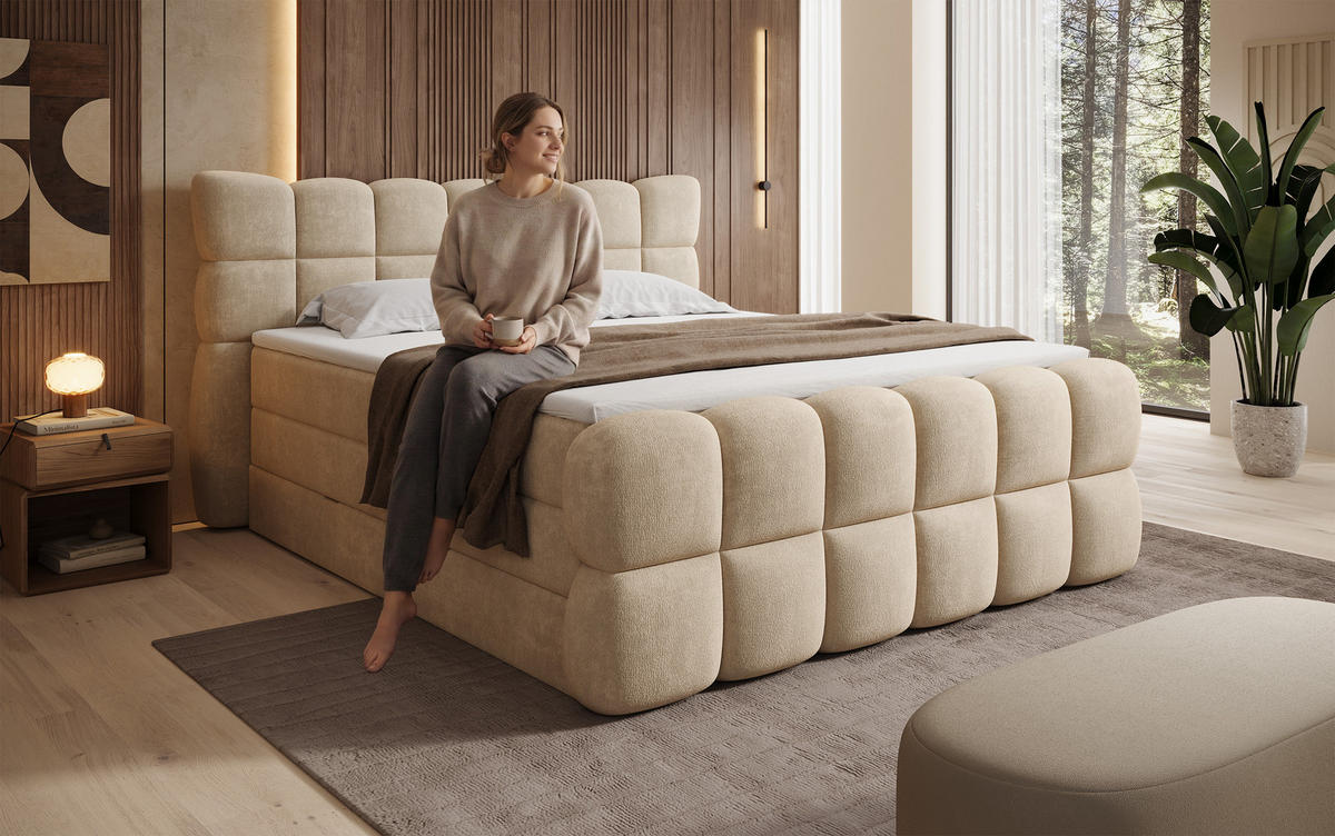 BOXSPRINGBETT Milano Beige 200/200 cm Struktur Stoff mit Bettkasten, mit Matratze, mit Premium-Topper H2/H3 - Beige, Textil (200/200cm) - wonello