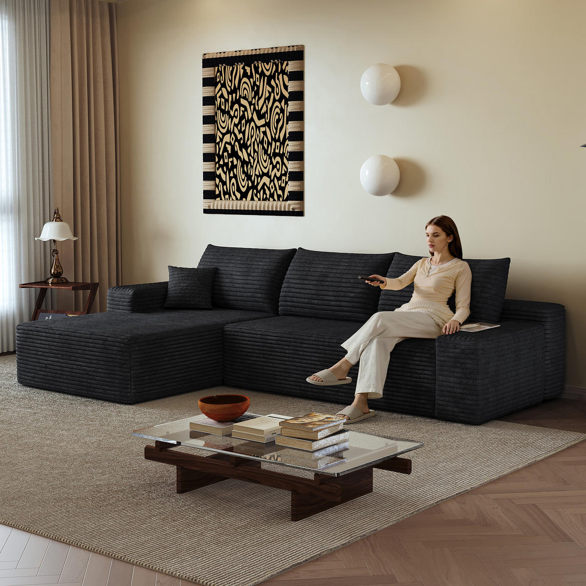 ECKSOFA 270/175/83 cm Schwarz Cord mit Chaiselongue, Linke Seite - Schwarz, Textil (270/175cm) - Oxeza