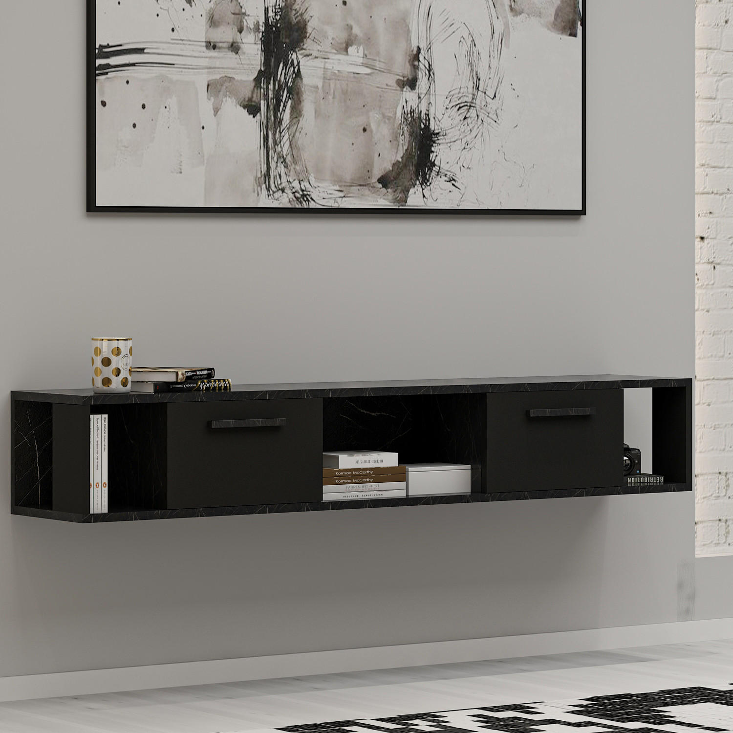 TV-LOWBOARD Aldora Schwarz Marmor Optik 9598 - Dunkelgrau/Schwarz, Holzwerkstoff (160/30/30cm) - moebel17