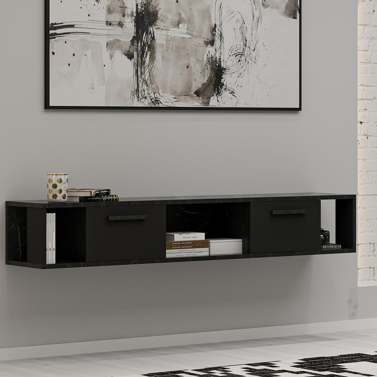 TV-LOWBOARD Aldora Schwarz Marmor Optik 9598 - Dunkelgrau/Schwarz, Holzwerkstoff (160/30/30cm) - moebel17