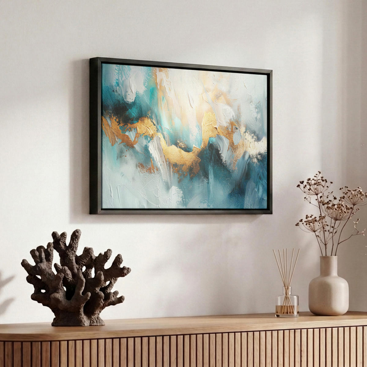 LEINWAND Bilder mit Rahmen - Abstrakt - Kunst - Gold - Blau - 30x20 - Petrol, Textil (30/20cm) - MuchoWow