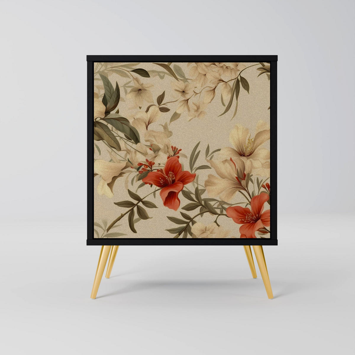 SIDEBOARD BLOOMING HARMONY, Schwarz, 57,5x42x75,5 cm, Goldfarbene Metallfüße - Goldfarben/Multicolor, Holzwerkstoff/Metall (57.5/75.5/42cm) - SpaceRebels