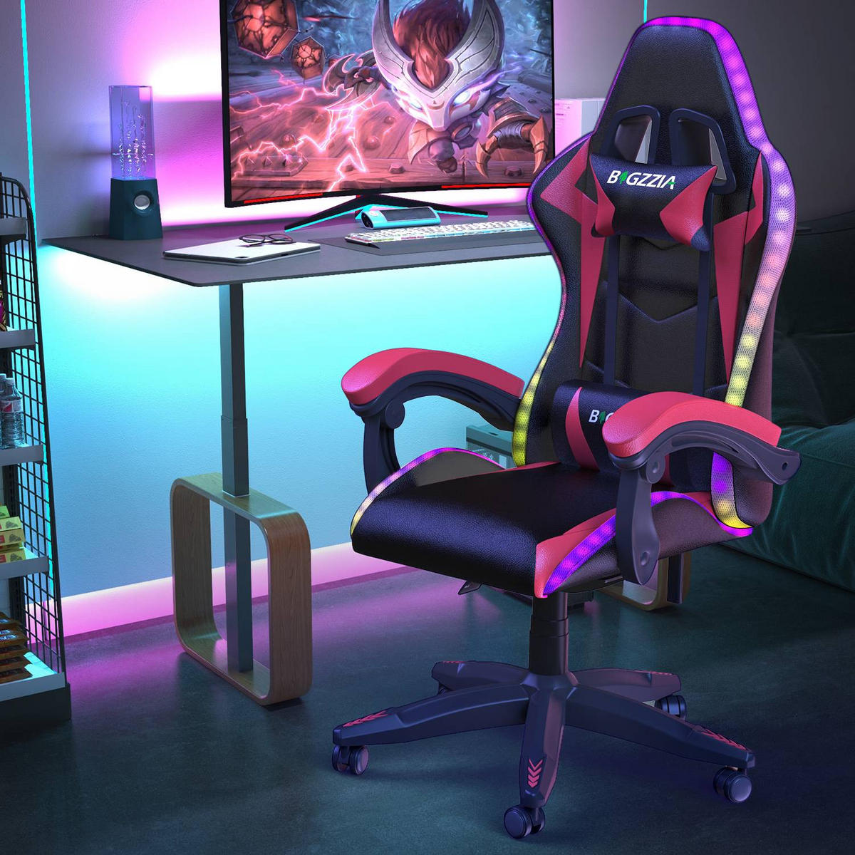 GAMING-STUHL LED, höhenverstellbar, Lenden- & Kopfstütze – Schwarz/Rot - Rot, Leder (53.5/117/54cm) - Rattantree