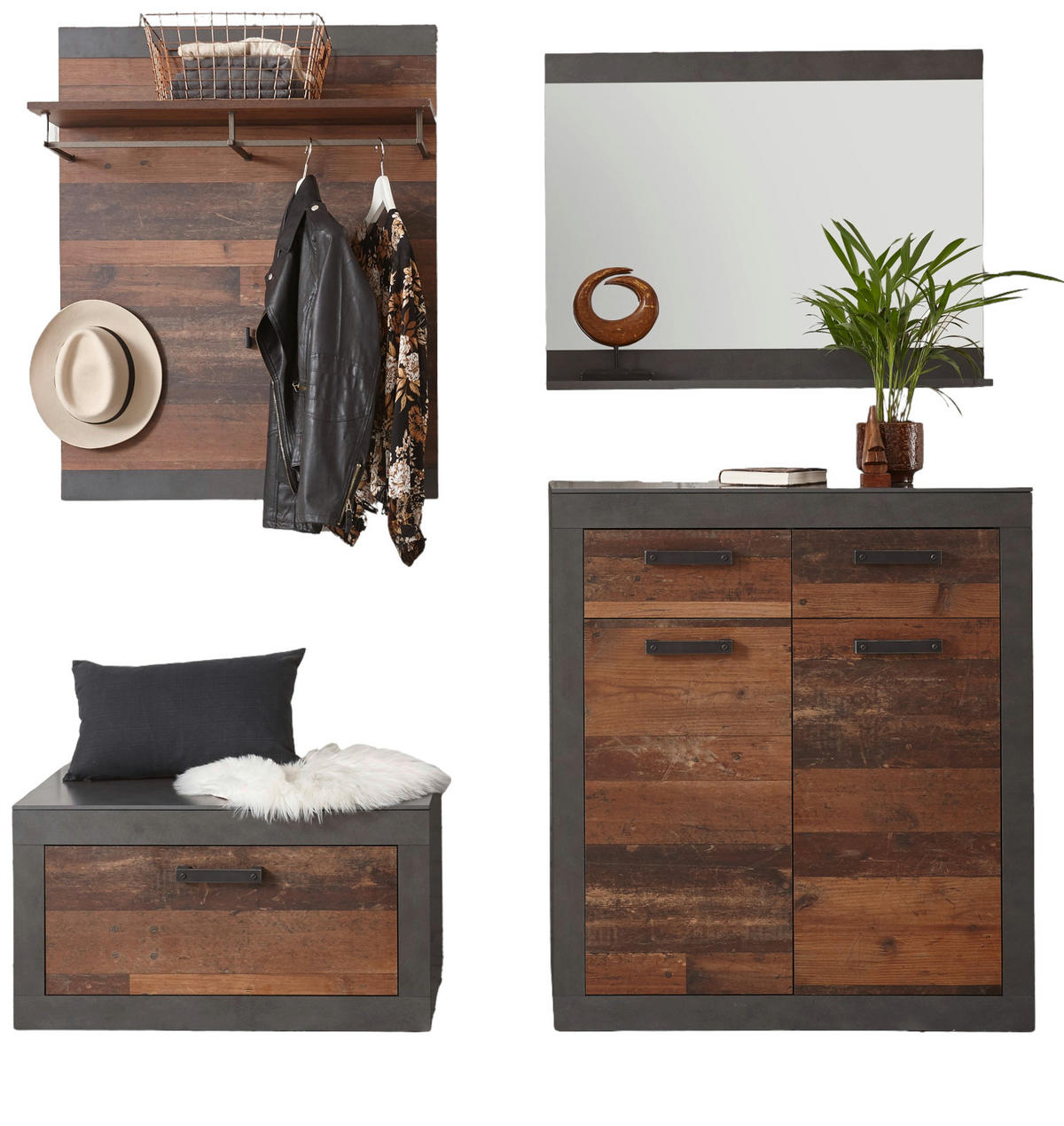 GARDEROBE Set 4-teilig Used Wood Shabby, Matera grau 192 cm - Silberfarben/Naturfarben, Glas/Holzwerkstoff (192/200/40cm) - Furn.Design