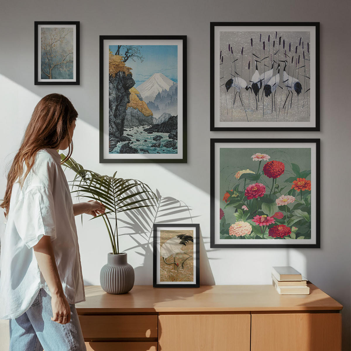 BILDER SET 5er Set - 50x50 cm & 20x30 cm & 40x60 cm Schwarzer Rahmen - Berge, Fluss, Blumen, Kraniche - Schwarz, Kunststoff (40/60cm) - TULUP