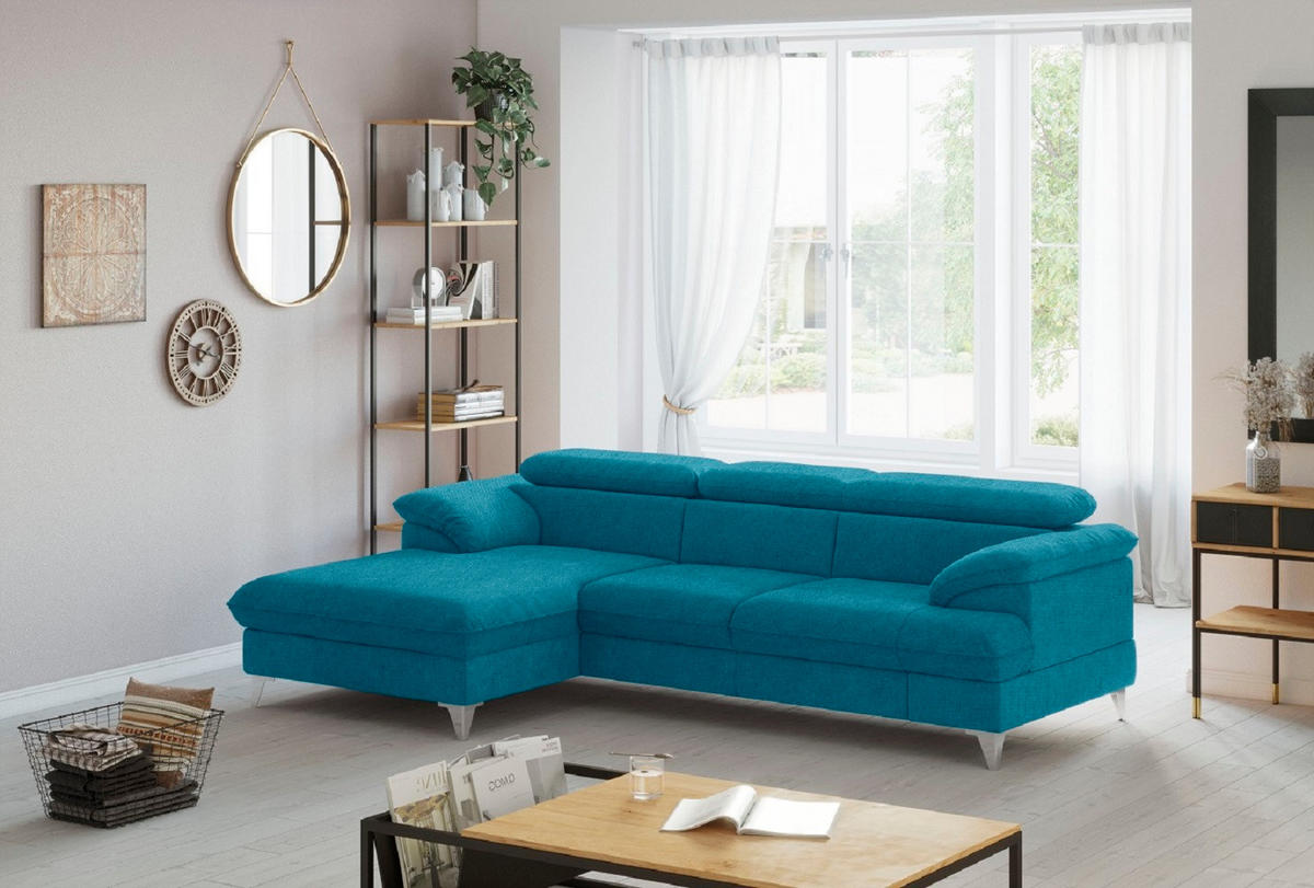 ECKSOFA mit Schlaffunktion und Bettkasten, verstellbare Kopfstützen - Chromfarben/Blau, Textil/Metall (254/167cm) - Cotta