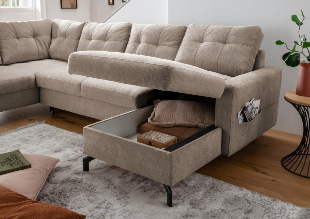 WOHNLANDSCHAFT mit Schlaffunktion und Bettkasten - Schwarz/Braun, Textil/Metall (305/92/200cm) - myHomelando