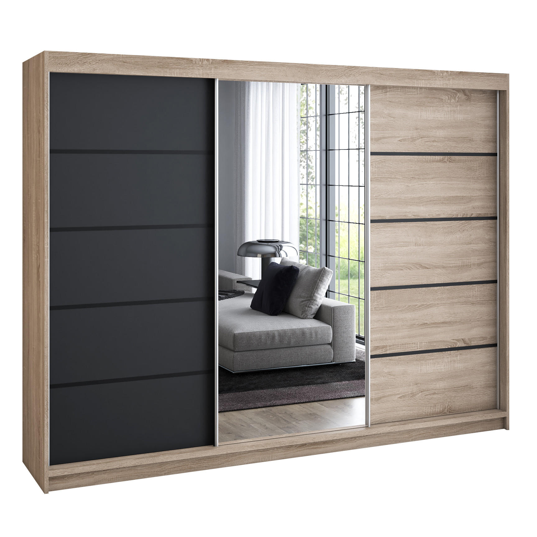 A&J MöbelLand Schwebetürenschrank Braun, Schwarz, Braun 200x215x59.5 cm