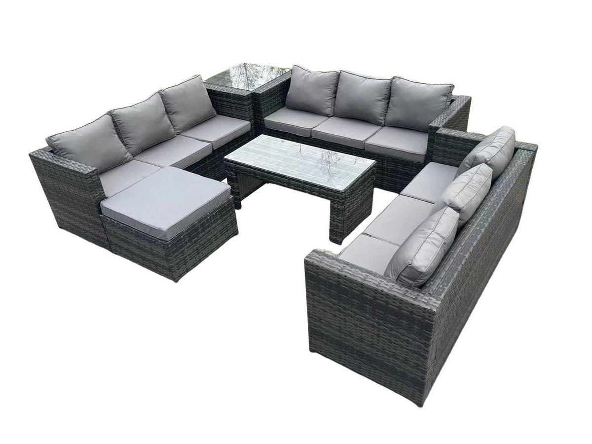 GARTENTISCHGRUPPE Polyrattan 10-Sitzer - Dunkelgrau/Grau, Glas/Kunststoff - Fimous