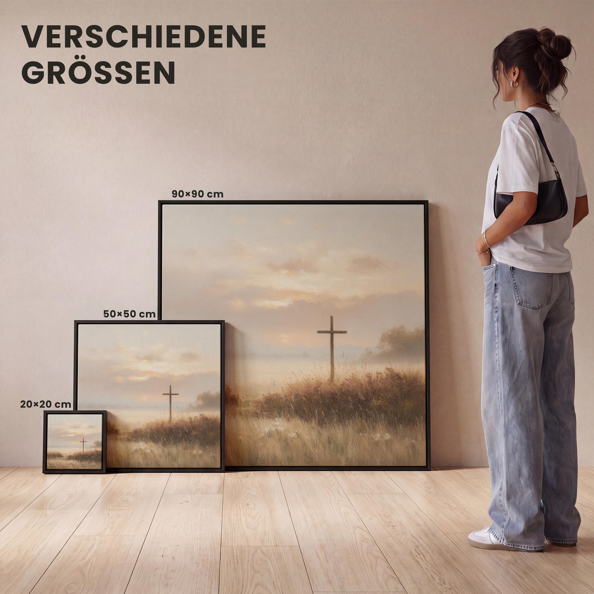 LEINWAND Bilder mit Rahmen - Gras - Morgennebel - Kreuz - Christentum - 90x90 - Beige, Textil (90/90cm) - MuchoWow