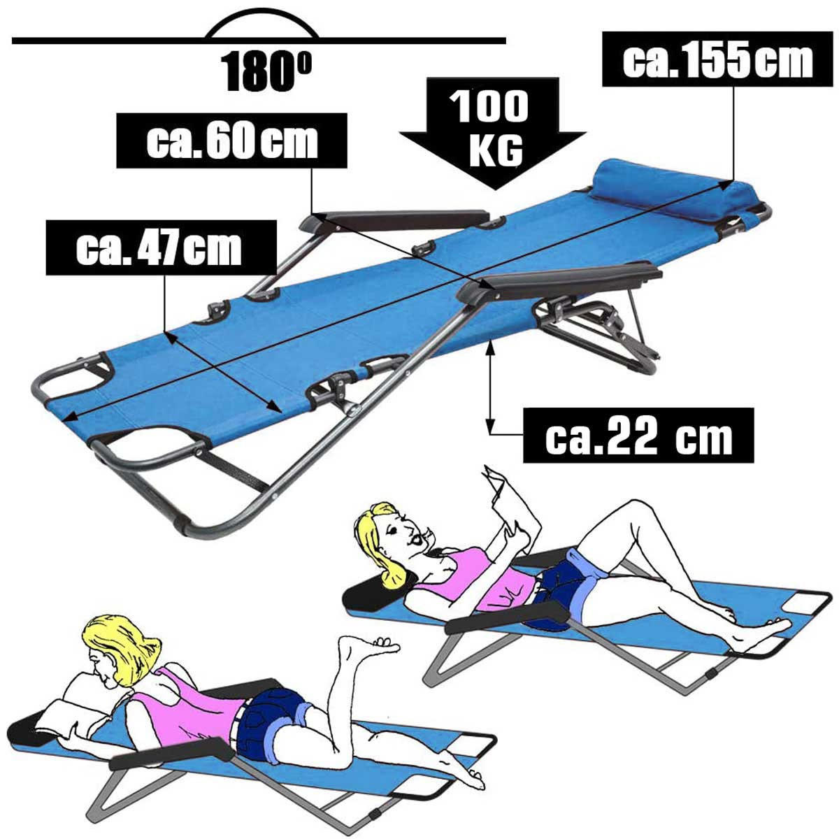 CAMPINGSTUHL, 153/70 cm, Hellblau - Blau, Kunststoff (60/82/153cm) - Amanka