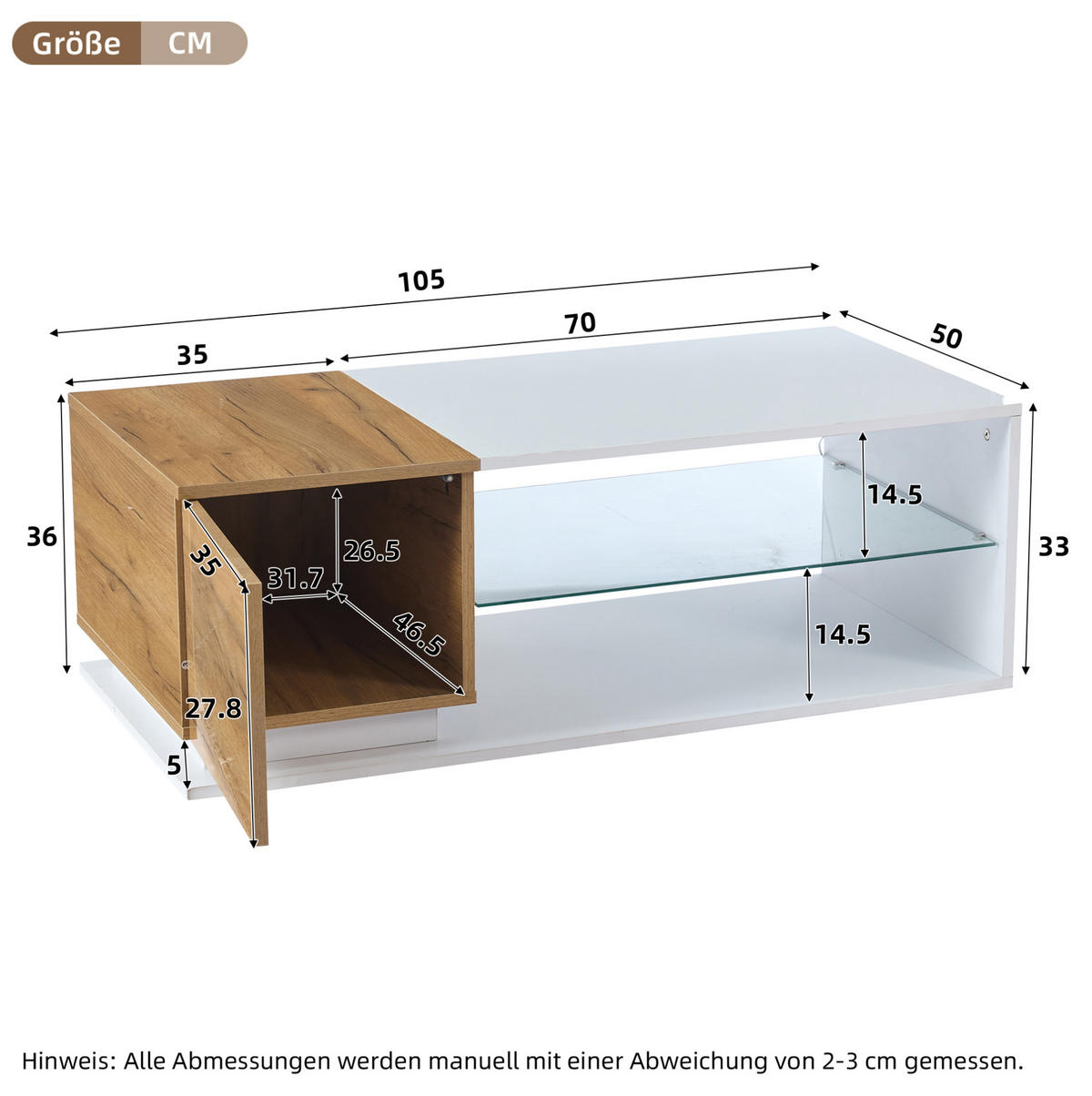 KONFERENČNÍ stolek 105/50/36 cm bílá a dekor dřeva z dřevotřísky s LED osvětlením a úložným prostorem - bílá, kompozitní dřevo (105/50/36cm) - OKWISH