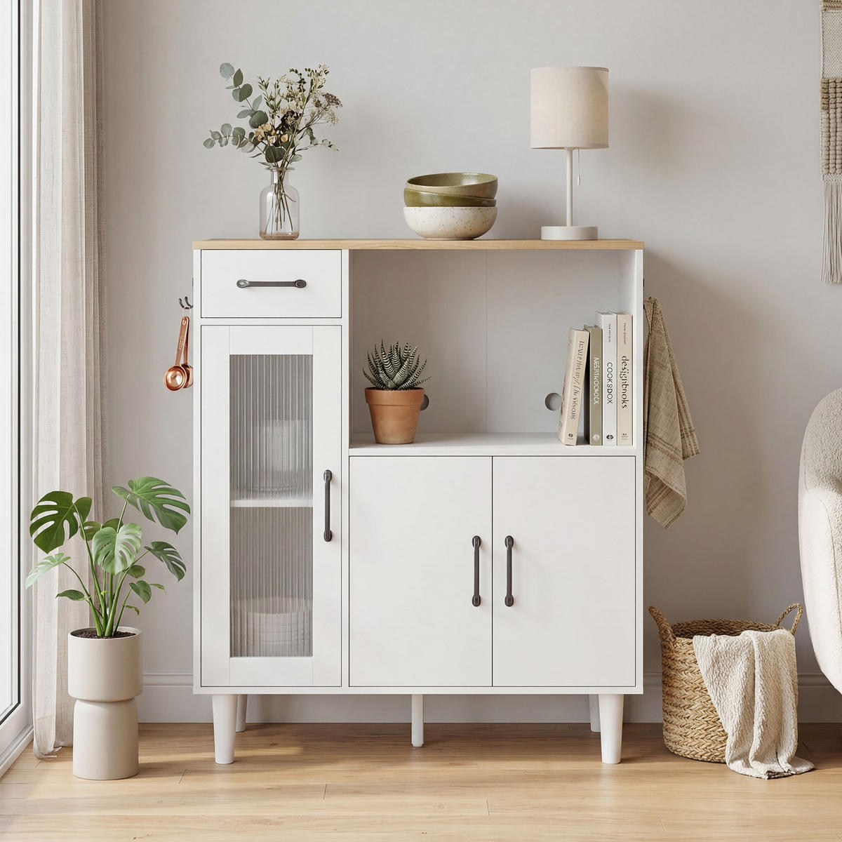 SIDEBOARD Weiß/Eiche, mit Acrylglastür, 80/34/91 cm - Weiß, Holz (80/91/34cm) - PANGIVO
