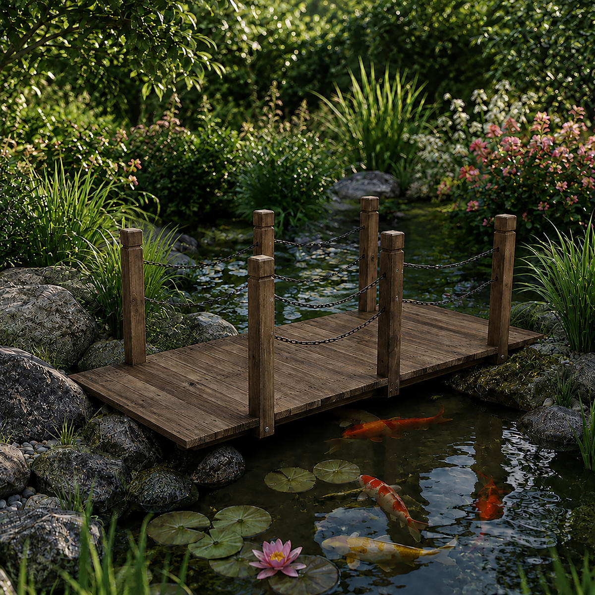 GARTENBRÜCKE Braun Tannenholz Ketten 55x150x67 cm - Braun, Holz/Metall (67/150/55cm) - Relaxdays