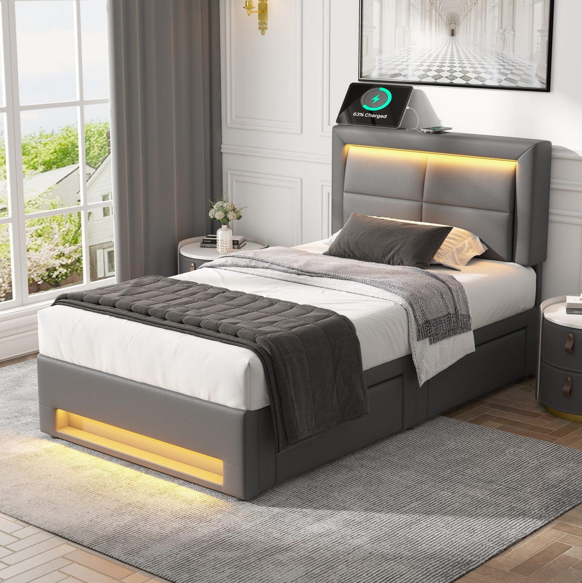 POLSTERBETT aus Kunstleder 90x190 cm in Grau mit LED-Beleuchtung & USB - Grau, Leder (90/200cm) - Modfu