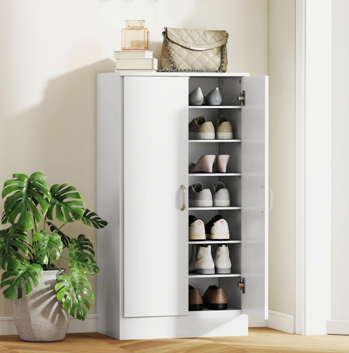 SCHUHSCHRANK 55/108/35 cm Weiß aus Holz mit verstellbaren Regalen - Weiß, Holz (55/108/35cm) - OKMYHOME