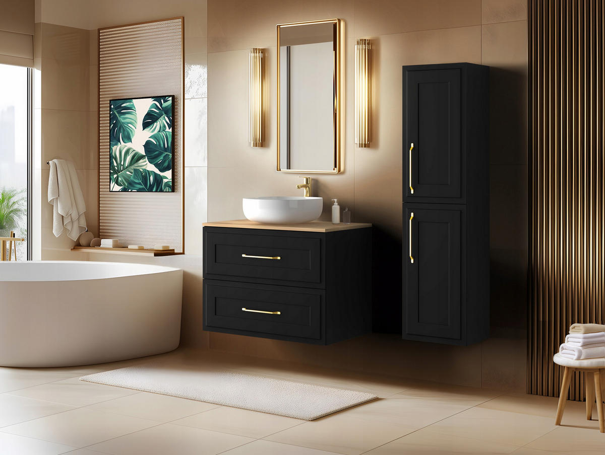 WASCHBECKUNTERSCHRANK + HÄNGESÄULE CLASSIC 80cm Mattzwarte - Schwarz, Holzwerkstoff (80/58/46cm) - Rodan