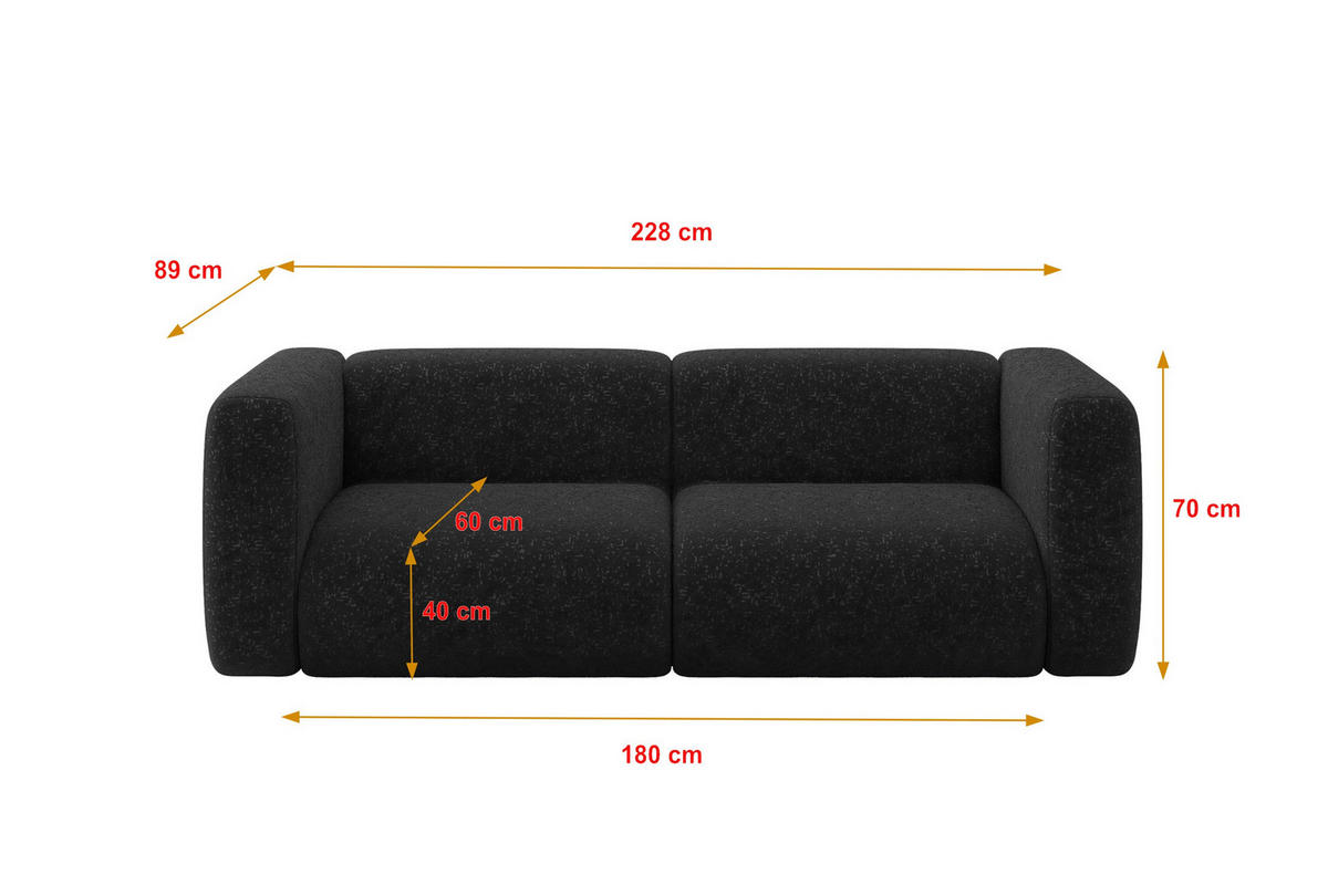 MODULARES Sofa 2-SITZER MIRA-S1 228x89x70 Schwarz cm Velours - Schwarz, Holzwerkstoff/Kunststoff (228/70/89cm) - ALTDECOR
