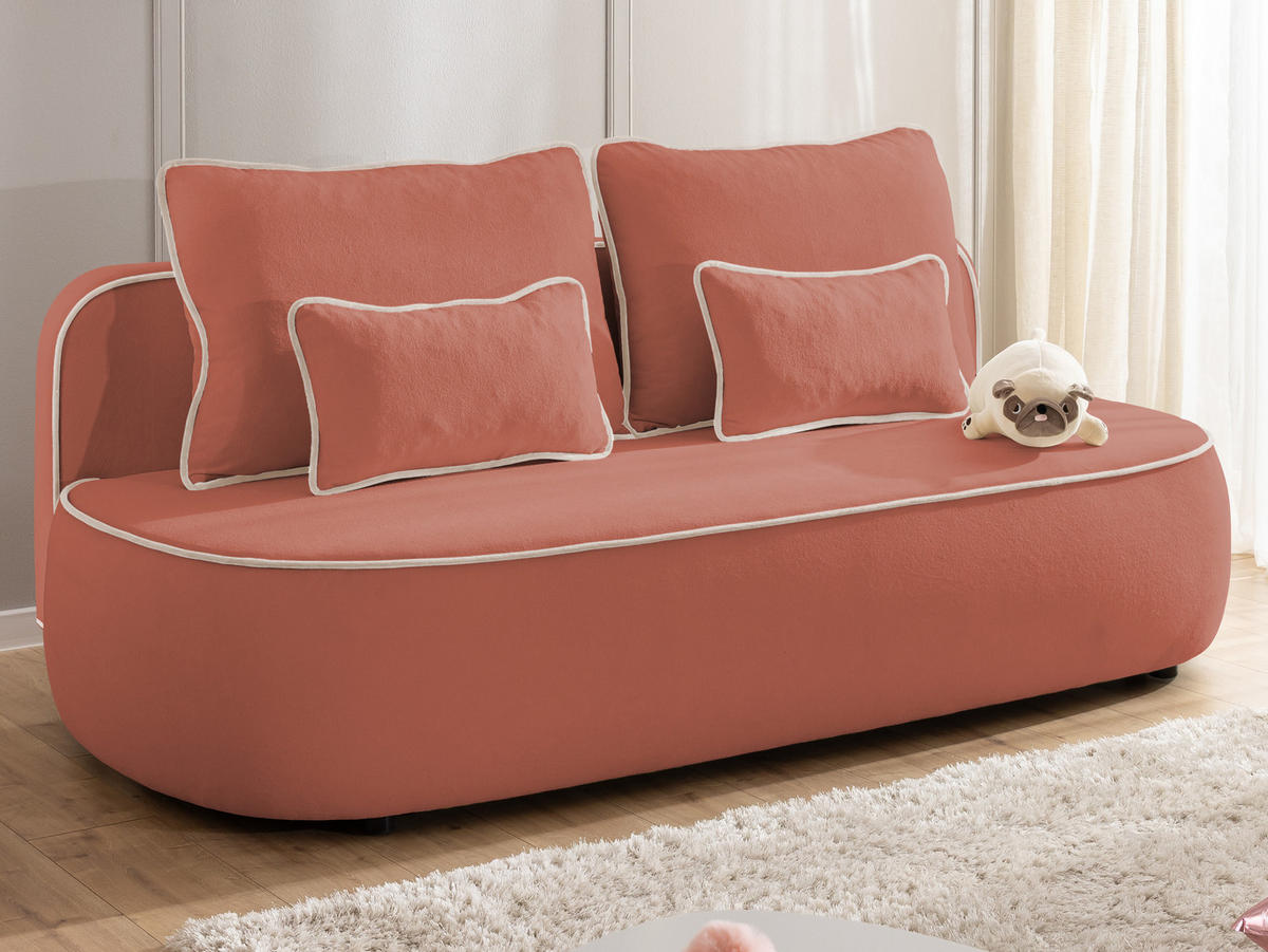 KINDERSOFA Vero im modernen und abgerundeten Design mit Schlaffunktion und Bettkasten aus Rosa Plüschstoff mit hellgrauer Paspel - Hellgrau/Schwarz, Holz/Kunststoff (210/90/98cm) - S-Style Möbel
