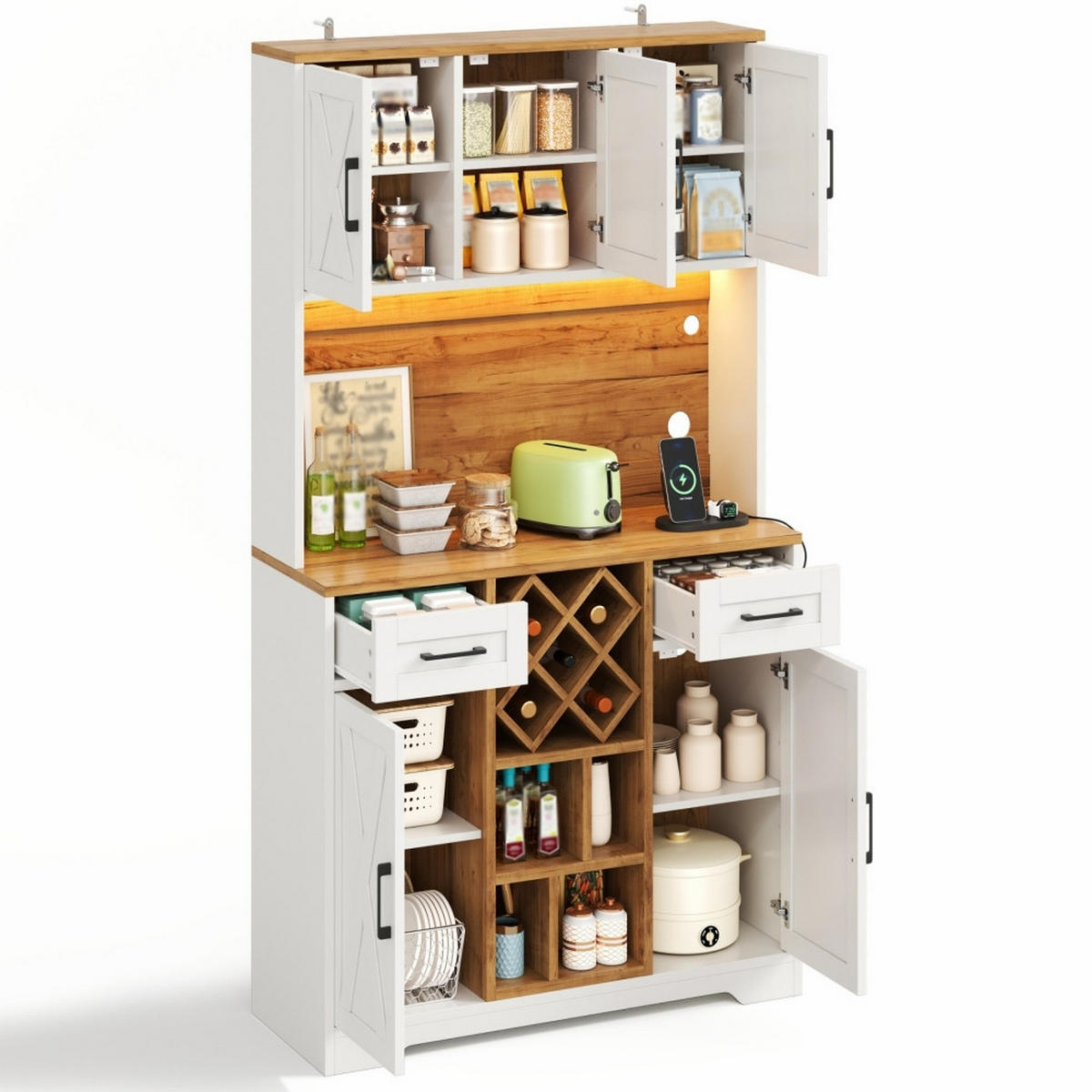 KÜCHENSCHRANK MIT LED-BELEUCHTUNG UND STECKDOSE, mit Weinregal, MDF, Scheunentor-Design, für Esszimmer, 105/40/180 cm - Naturfarben, Kunststoff (40/180/105cm) - Rolipo