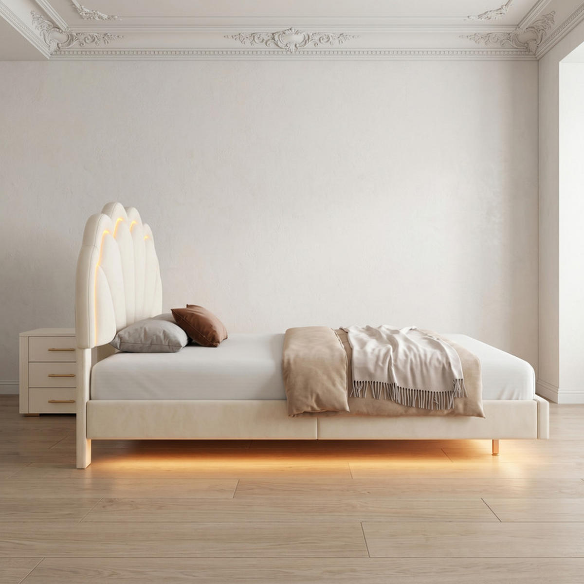 POLSTERBETT 140/200 cm beige mit Muschelkopfteil und LED - Beige, Holz