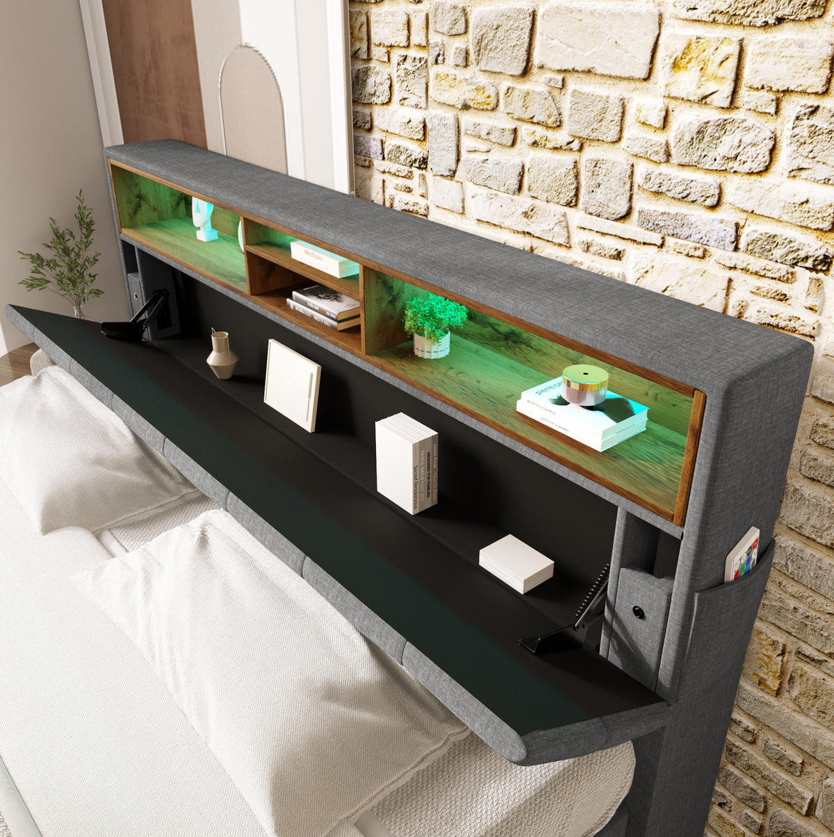 TAPECIRANI krevet 140/200 cm s LED osvjetljenjem i uzglavljem s pohranom, Siva - siva, drvo (140/200cm) - Redom