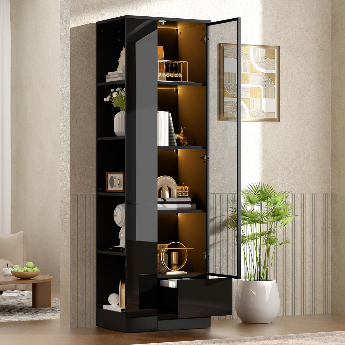 VITRINE 50x35x160 cm Schwarz mit LED und Glastür - Schwarz, Holzwerkstoff (50/160/35cm) - FLIEKS
