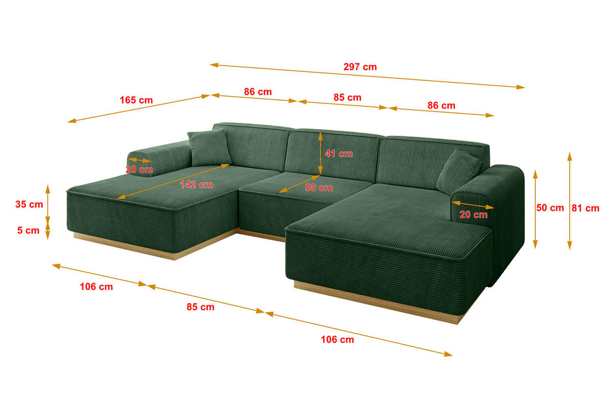 WOHNLANDSCHAFT IREA-U1-v2 - 297x165x81 cm Grün - Grün, Holzwerkstoff/Textil (297/81/165cm) - ALTDECOR