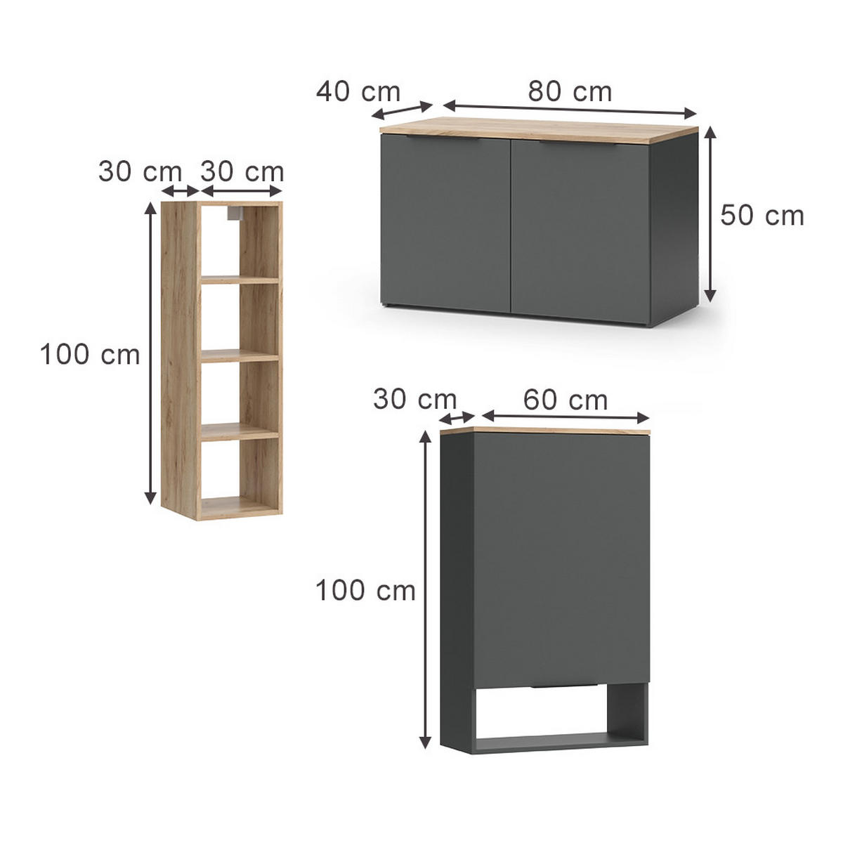 WOHNWAND Wido Anthrazit 5 Teile - Anthrazit/Sonoma Eiche, Holzwerkstoff (80/50/40cm) - Vicco