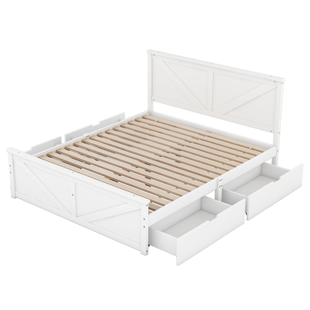 RAHMENBETT 160/200 cm aus Kiefer mit 4 Schubladen und Holz-Kopfteil - Weiß, Holz - BEAOK