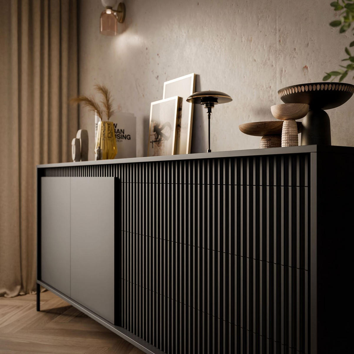 KOMMODE YASUMI 153 2D3S mit Schubladen schwarz matt - Schwarz, Holzwerkstoff (153.5/81.4/39.4cm) - Lookway