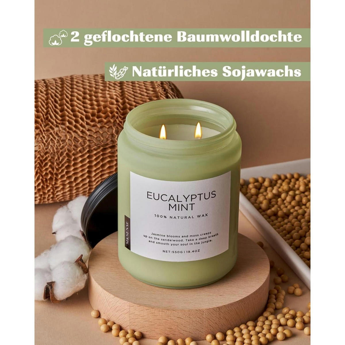 DUFTKERZE Eukalyptus Minze 550g 2-Docht Sojawachs Glas - Grün, Paraffin (13cm)