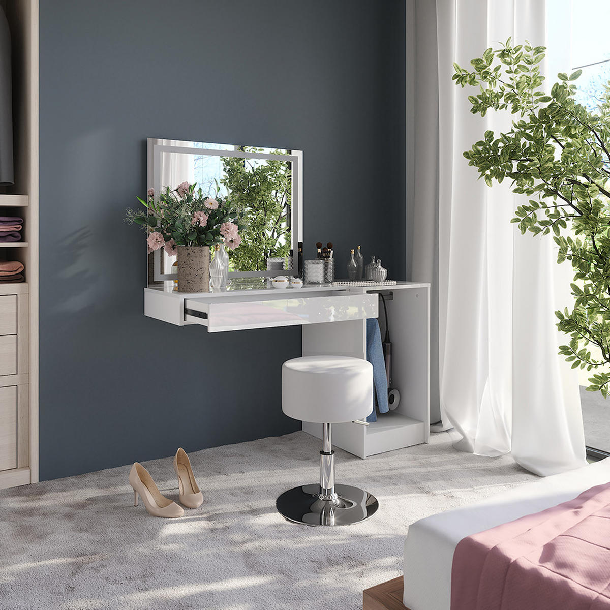 SCHMINKTISCH Sherry Weiß/Weiß Hochglanz 120 cm 4 Teile - Weiß Hochglanz, Holzwerkstoff (120/76/50.1cm) - Vicco