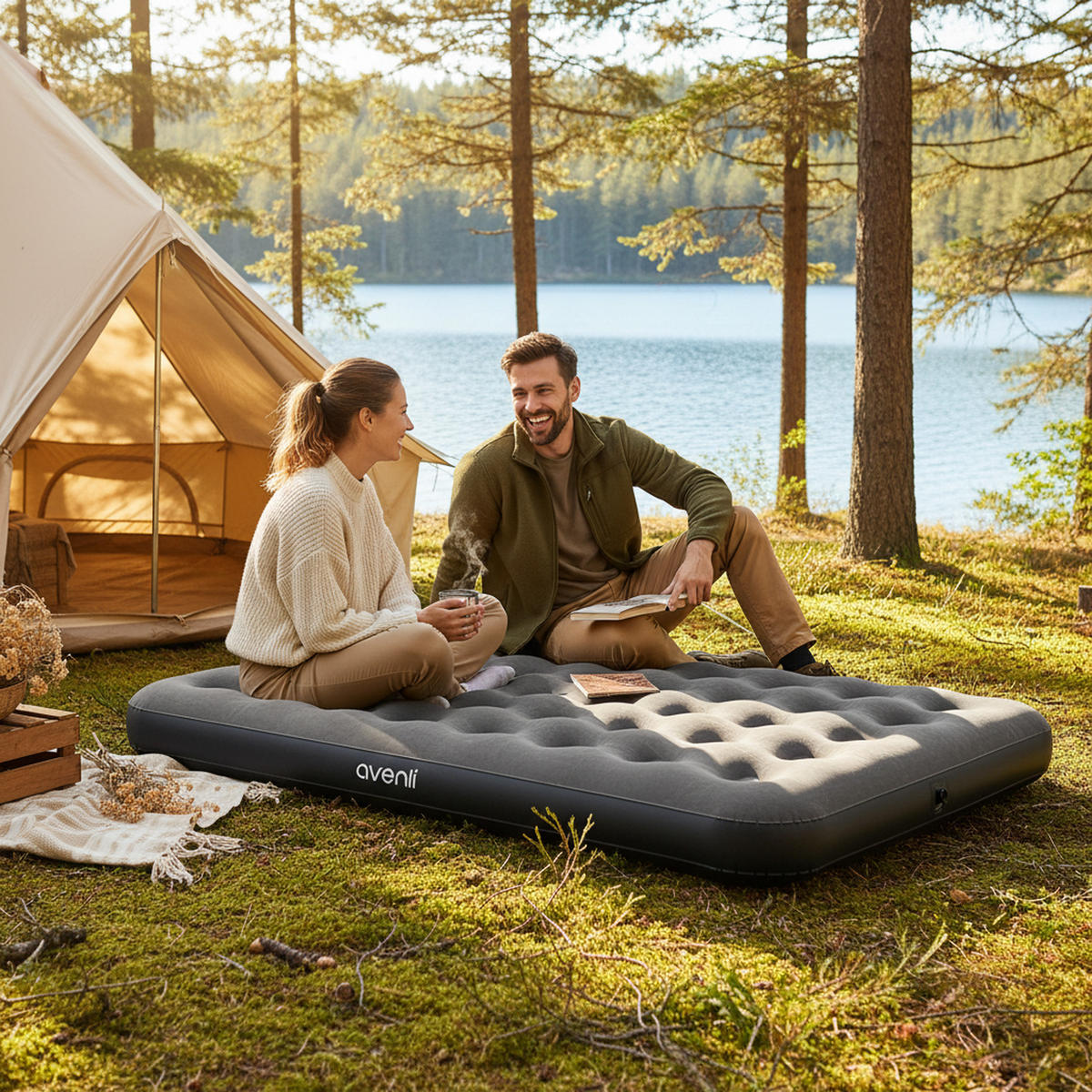 LUFTBETT Luftmatratze Camping CloudCoil grau mit Fußpumpe 203x152x22cm - Grau, Kunststoff (152/203cm) - Avenli