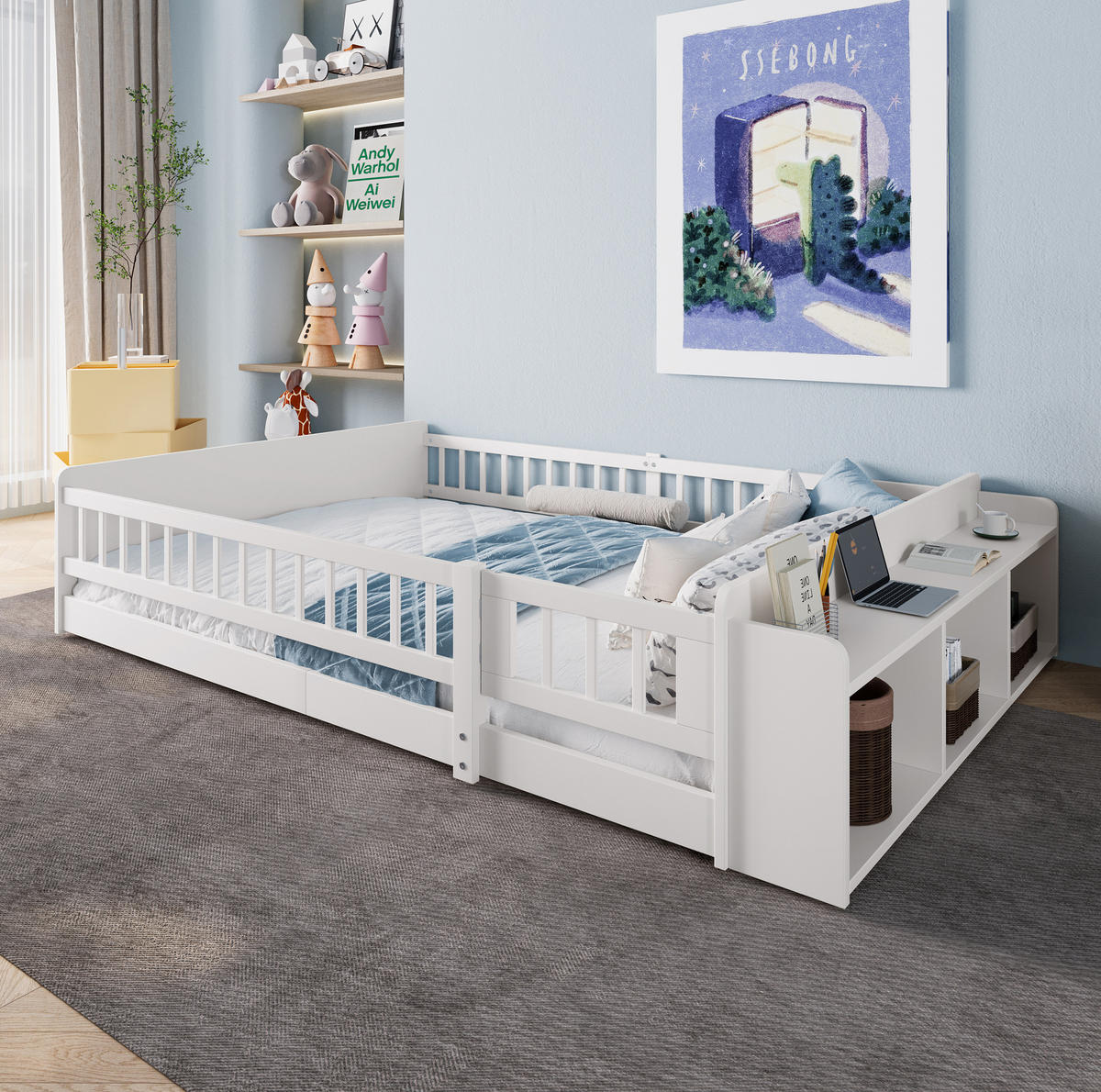 KINDERBETT aus Kiefernholz 140x190 cm Weiß mit offenem Stauraum, Regalen und öffnbarer Zauntür - Weiß, Holzwerkstoff (140/190cm) - Modfu