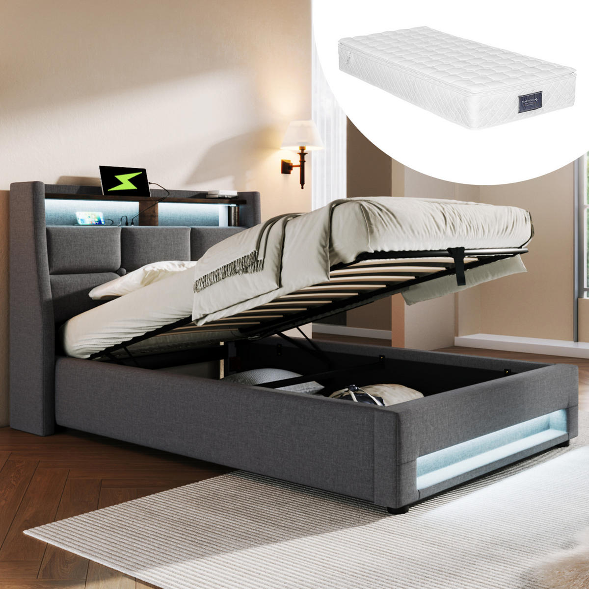 POLSTERBETT 90/200 cm Grau aus Leinen mit LED und USB - Grau, Textil (90/200cm) - OKMYHOME
