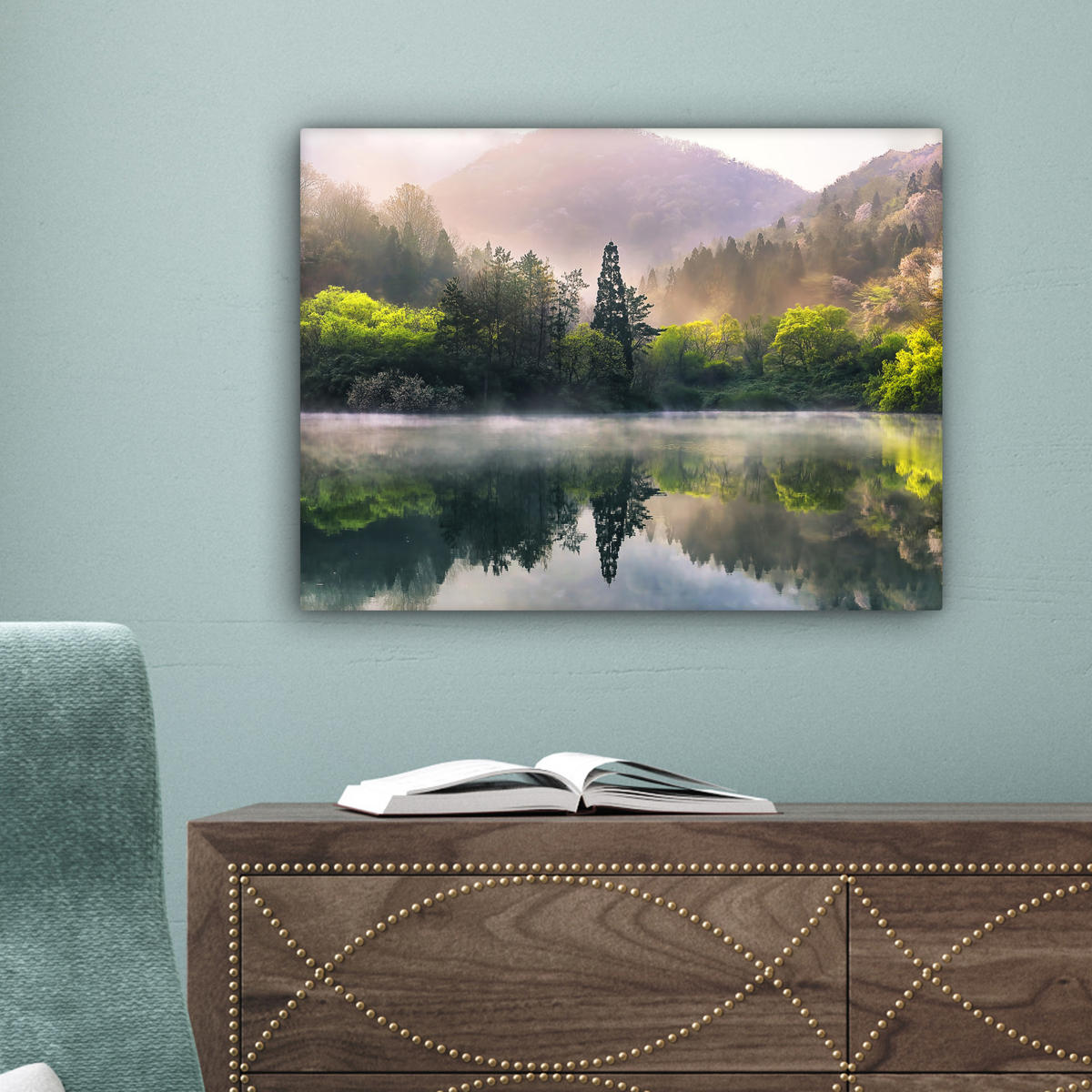 LEINWANDBILD Natur - Bäume - Berge - See - Wasser Wandbild 40x30 cm - Hellgrün, Textil (40/30cm) - MuchoWow