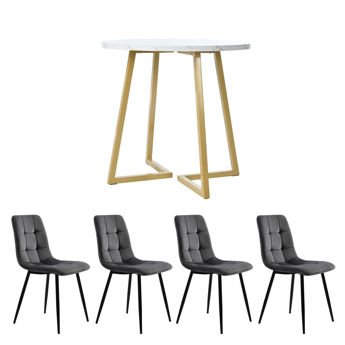 ESSGRUPPE 5-teilig rund Ø80 cm mit modernem Marmortisch & 4 Samtstühlen, elegantes Küchen- und Esszimmer Set, grau-weiß - Grau, Holzwerkstoff (80/75/80cm) - Luhomfu
