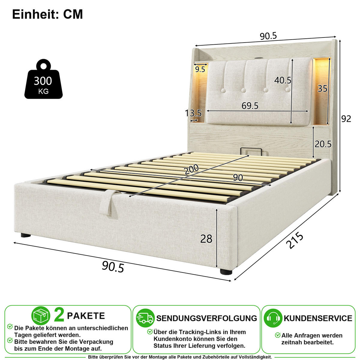POLSTERBETT 90/200 cm in Beige mit Klappfach, LED und USB/Type-C Leinen - Beige, Holzwerkstoff/Textil (90/200cm) - CHICFURN