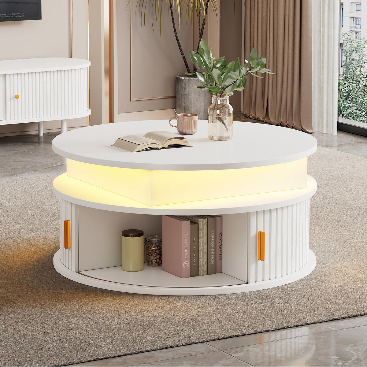 COUCHTISCH 75x75x52 cm Weiß Hochglanz LED Rolltüren Stauraum - Weiß, Holzwerkstoff (75/75/52cm) - FLIEKS