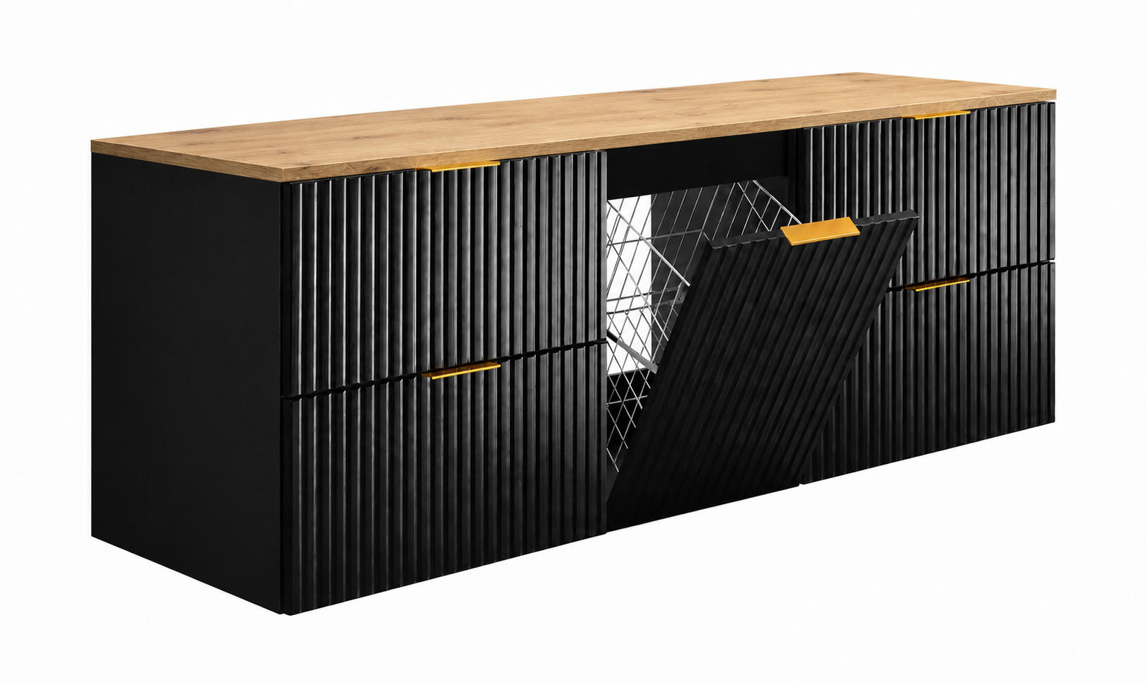 BADMÖBEL-SET MIT WÄSCHEKORB: Schwarz / Platte Eiche Craft, Griffe Gold, 160 x 46 x 57 cm - Eichefarben/Schwarz, Holzwerkstoff (160/57/46cm) - 3XE LIVING