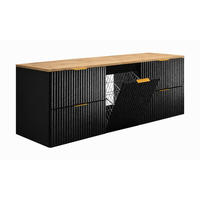 BADMÖBEL-SET MIT WÄSCHEKORB: Schwarz / Platte Eiche Craft, Griffe Gold, 160 x 46 x 57 cm - Eichefarben/Schwarz, Holzwerkstoff (160/57/46cm) - 3XE LIVING