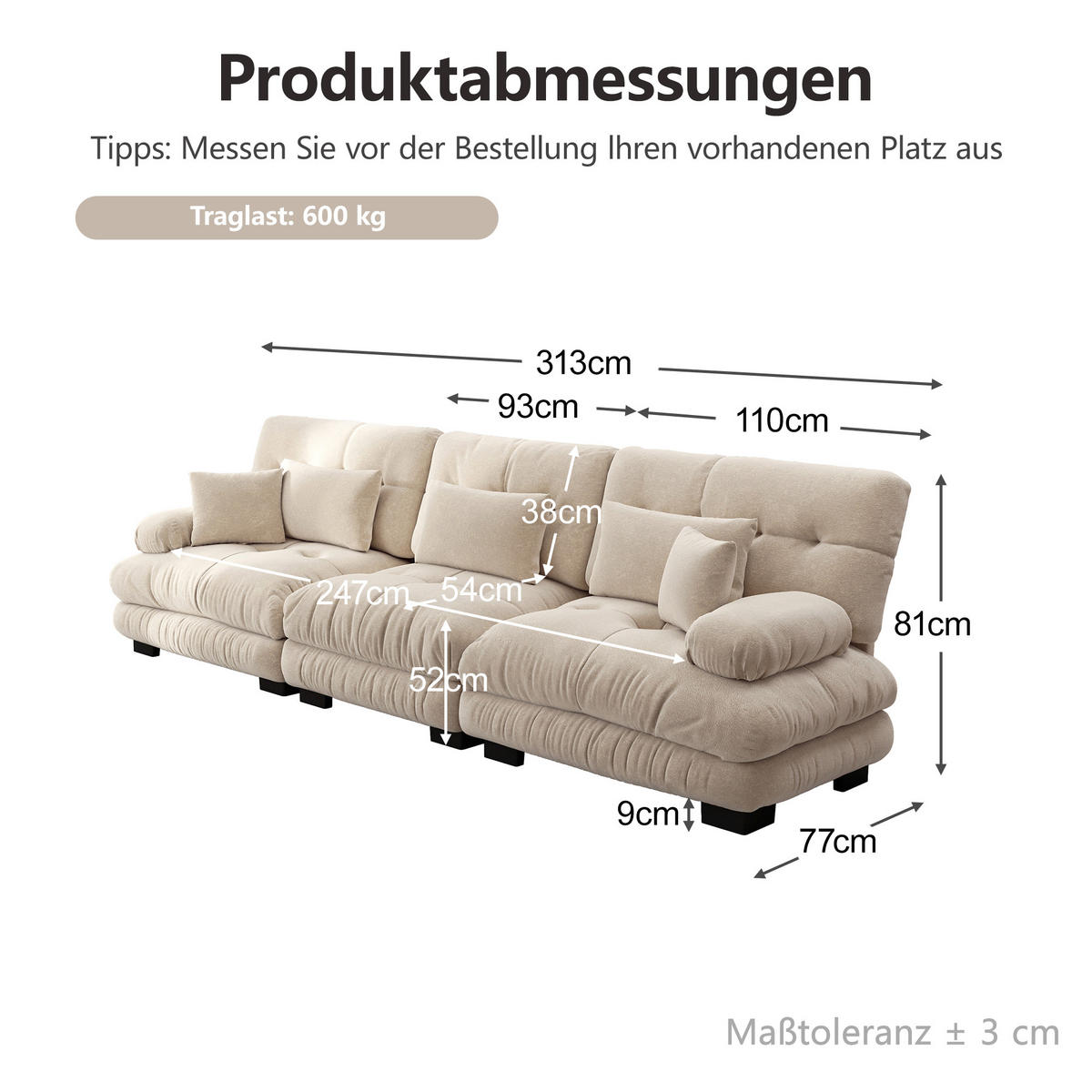 3-SITZER-SOFA DE-34065 modular mit Tiefensitz Hellbraun - Hellbraun, Holz (77/81/313cm) - ComfortXL