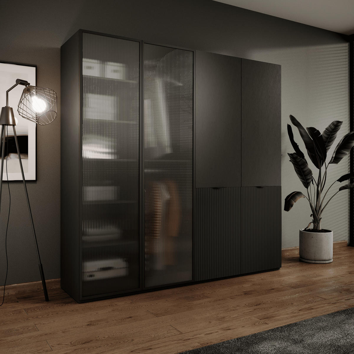Ravio KLEIDERSCHRANK ZEN (Modular, Schwarz Matt, Schwarz & Geriffeltes Glas Flutes, 4-türig) online entdecken ➤