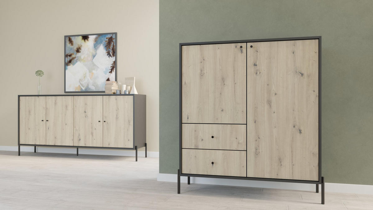 SIDEBOARD Raviero Schwarz/Artisan Eiche, 200 cm - Beige/Schwarz, Holzwerkstoff/Metall (200/98/40cm) - Selsey