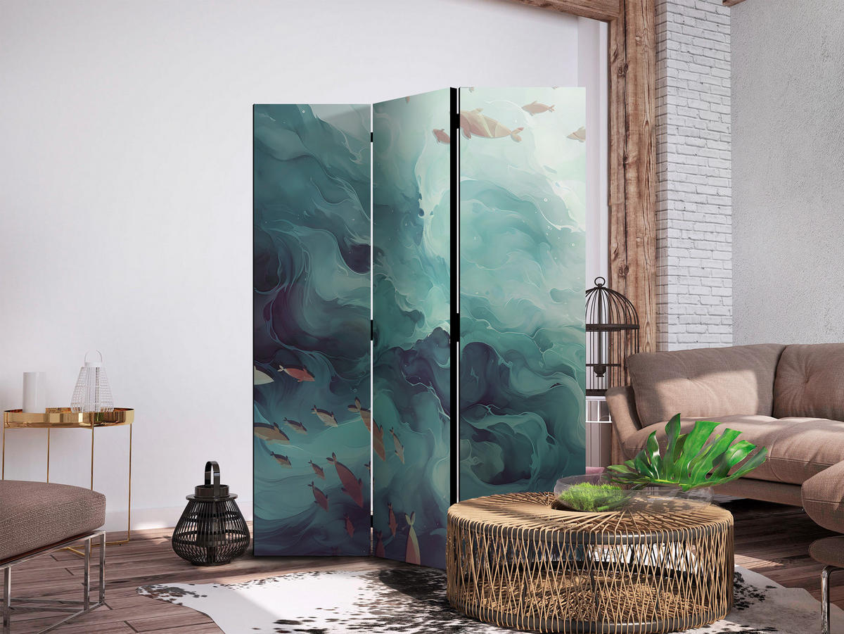 PARAVENT Einseitig Bedruckter 3-tlg 135x172 cm Fische Und Meereswellen Boho - Blau, Holz/Textil (135/172/3cm) - Muralo